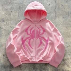 spider embroidery hoodie in pink color