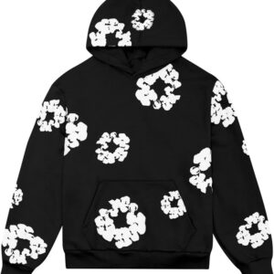 black hoodie with white sublimation design